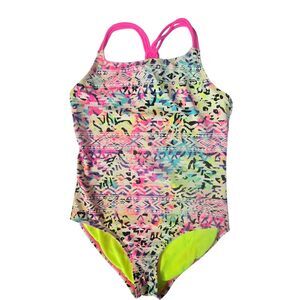 Mambo Girls One Piece Swimsuit 14‎ Pink Pastel and Black Geometric Racerback